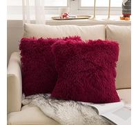 Fouriding Plush Shaggy Cushion Covers Set of 2, Soft Christmas Pillowcase 18x18 Inch Square Pillow Cases for Sofa Couch Decorations (Wine Red)