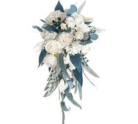 Fouriding Wedding Bouquet for Bride,Peacock Blue Champagne Rose Water Drop Waterfall Bridal Artificial Flowers Bouquet For Ceremony Anniversary Bridal Shower Party Wedding Decoration