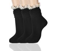Fourluoo 3 Pack Women Slouch Socks Cotton Scrunch Stacked Knee High Boot Socks with Ruffle Lace Trim, Black, 5-8
