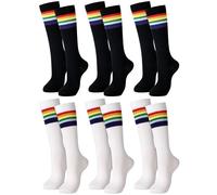 Fourluoo 6 Pairs Striped Rainbow Crew Socks Halloween Flame Ankle Socks Gay Pride Socks for Men Women(Knee High,Rainbow), Rainbow, Knee High, One Size