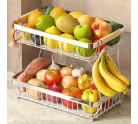 Fournine 2 Tier Extra Large Fruit Bowl Basket with 2 Banana Hanger, 2026 Pro Kitchen Countertop Organizer for Fruits, Vegetables, Snacks, Metal Vegetable Storage Rack with Banana Holder, Silvery