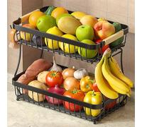 Fournine 2 Tier Fruit Bowl Basket with 2 Banana Hanger, 2026 Pro Detachable Kitchen Countertop Organizer for Fruits, Vegetables, Snacks, Metal Vegetable Storage Rack with Banana Holder, Black