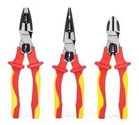 FOURROBBER 3PCS VDE Insulated Plier Set,Universal Combination Pliers, Needle Nose plier and Cutter plier,with Insulated Handles 60CrV, VDE-Tested 1000V