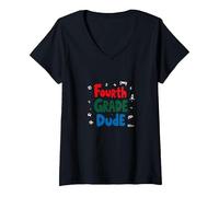 Fourth Grade Dude Cool Kid School Sports Gaming Fun V-Neck T-Shirt, Women, Black, S