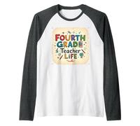 Fourth Grade Teacher Life Educational Icons Raglan Baseball Tee, Men, Dark Heather/White, XL