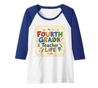 Fourth Grade Teacher Life Educational Icons Raglan Baseball Tee, Women, Royal Blue/White, XL