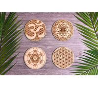 Fourth Level Mfg. Designs Sacred Geometry Coasters (Set of Four Includes: 1 Metatrons Cube, 1 Sacred Om, 1 Sri Yantra, 1 Flower of Life) Natural Wood