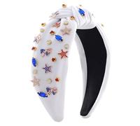 Fourth of July Headband for Women Girls Red White and Blue American Flag USA Hairband Patriotic Hair Accessories Knotted Crystal Rhinestone Jeweled