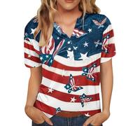 Fourth of July Shirts for Women Patriotic T-Shirt 4th of July American Flag Graphic Tees V Neck Short Sleeve Henley Shirt