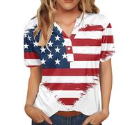Fourth of July Shirts for Women Patriotic T-Shirt 4th of July American Flag Graphic Tees V Neck Short Sleeve Henley Shirt A-red
