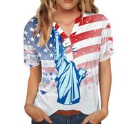 Fourth of July Shirts for Women Star Stripe Patriotic T-Shirt 4th of July American Flag Graphic Tees V Neck Short Sleeve Button Henley Shirt Plus Size Watermelon Red