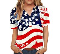 Fourth of July Shirts for Women Star Stripe Patriotic T-Shirt 4th of July American Flag Graphic Tees V Neck Short Sleeve Button Henley Shirt Plus Size