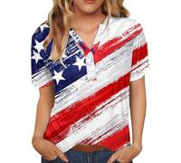Fourth of July Shirts for Women Star Stripe Patriotic T-Shirt 4th of July American Flag Graphic Tees V Neck Short Sleeve Button Henley Shirt Plus Size A-White