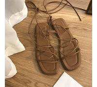 FOURTOC Sandals Women Summer New 2022 Beach Fashion Sexy Flat Casual Cross-Tie Open Toe Narrow Band Shoes Rome Sandals,Brown,US7/EU38