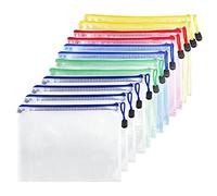 Fousenuk A4 Waterproof Document Case Pack of 12, Zip Closure PVC, Grid Design, 12x White, Green, Blue, Yellow, Red, 33 x 24 cm