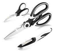 Fousenuk Kitchen Scissors 3 Pack Stainless Steel Household Scissors Black Poultry Scissors Set with Peeler, All-Purpose Scissors Kitchen for Chicken, Fish, Poultry, Meat, Vegetables, Bones