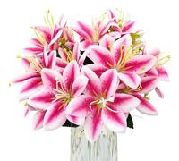 FOUSUKA 4 Bundles Artificial Tiger Lily Silk Flowers Faux Fake Lilies Plants for Wedding Bouquet Home Party Indoor Table Hotel Office Vases Floral Arrangements Outdoor Garden Decor (Rose Red)