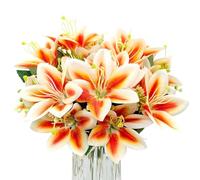 FOUSUKA 4 Bundles Artificial Tiger Lily Silk Flowers Faux Fake Lilies Plants for Wedding Bouquet Home Party Indoor Table Hotel Office Vases Floral Arrangements Outdoor Garden Decor (Orange)