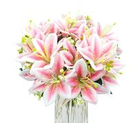 FOUSUKA 4 Bundles Artificial Tiger Lily Silk Flowers Faux Fake Lilies Plants for Wedding Bouquet Home Party Indoor Table Hotel Office Vases Floral Arrangements Outdoor Garden Decor (Pink)