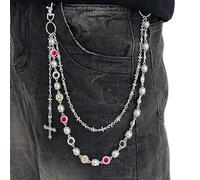 FOUTOUKEEP Double-Layer Pants Chain with Imitation Pearls, Colorful Acrylic Rhinestones Adorning Cross Pendant, Perfect for Trendy Hip-Hop Wallet Chain, Keychain, Bag Accessory Silver