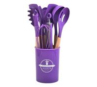 FOVAOK 12Pcs Silicone Kitchen Utensils Cooking Wooden Handle Non Stick Pot Kitchenware Set Storage Bucket Silicone Kitchen Utensils(Purple 12Pcs)