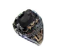 FOVAOK Retro Handmade Turkish Signet Rings for Men Ancient Silver Color Carved Ring Mystic Zircon Inlay New Punk Motor Biker Ring(Black,12)