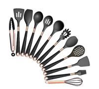 FOVAOK Silicone Cooking Utensils Set Heat Resistant Kitchen Spatula Spoon Non-Stick Tools Gift With Rose Gold-Plated Handle And Holder(Black-012)