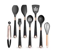 FOVAOK Silicone Cooking Utensils Set Heat Resistant Kitchen Spatula Spoon Non-Stick Tools Gift With Rose Gold-Plated Handle And Holder(Black-08)