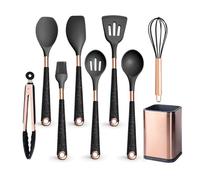 FOVAOK Silicone Cooking Utensils Set Heat Resistant Kitchen Spatula Spoon Non-Stick Tools Gift With Rose Gold-Plated Handle And Holder(Black-08-1)