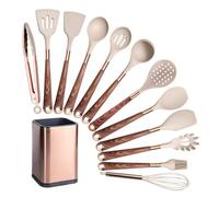 FOVAOK Silicone Cooking Utensils Set Heat Resistant Kitchen Spatula Spoon Non-Stick Tools Gift With Rose Gold-Plated Handle And Holder(Beige-012-1)