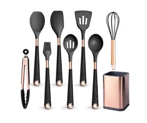 FOVAOK Silicone Cooking Utensils Set Heat Resistant Kitchen Spatula Spoon Non-Stick Tools Gift With Rose Gold-Plated Handle And Holder(Black-08-1)