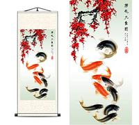 FOVNOT Asian Silk Scroll, Asian Wall Scroll Asian Wall Art Silk Scroll Wall Painting Nine Fish Gathering Painting Scroll Chinese Art Wall Scroll Hanging Painting Scroll (A1)