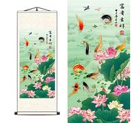 FOVNOT Asian Silk Scroll - Wall Art, Nine Fish Gathering Painting, Chinese Art