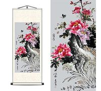 FOVNOT Chinese Silk Scroll Wall Art, Oriental Flower Plant Painting Hanging Scroll, Asian Traditional Brush Art Decor, Ready to Hang Home Decoration