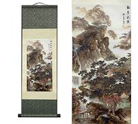 FOVNOT Silk Scroll Painting, Asian Wall Decor, Landscape, 92x30cm