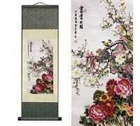 FOVNOT Silk Scroll Painting, Asian Wall Decor, Peony Flower, 92x30cm