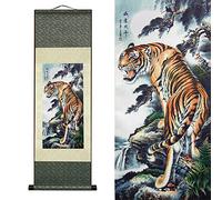 FOVNOT Silk Scroll Painting, Asian Wall Decor, Tiger, 92x30cm