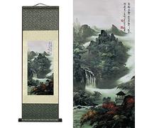FOVNOT Silk Scroll Painting, Asian Wall Decor, Waterfall Landscape, 92x30cm