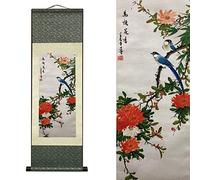 FOVNOT Silk Scroll Painting, Wall Decor Birds and Flowers, 92x30cm