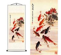 FOVNOT Silk Scroll Wall Art - Asian Nine Fish Gathering Painting (A4)