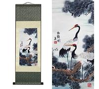 FOVNOT White Crane Silk Scroll Painting, Asian Wall Decor, 92x30cm
