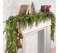 Fovths 1 Pack Christmas Norfolk Garlands Set 6 Feet Artificial Faux Greenery Garland 4 Cow Bell with Jute Hanging Rope Light String Winter Pine Garland for Xmas Indoor Holiday Decor, Green
