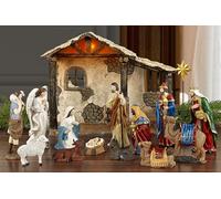 Fovths 16 Pieces Lighted Nativity Set for Christmas Indoor - Deluxe Edition Stable With Resin Figures, Religious Manger Tabletop Holiday Decor - 7 Inches Scale