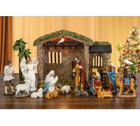 Fovths 17 Pieces Lighted Nativity Christmas Nativity Stable Manger Religious Nativity Stable Manger Figurine Resin Decor for Deluxe Edition Led Nativity Tabletop Holiday Centerpieces Decor, 7 Inch