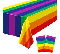 Fovths 2 Pack Pride Rainbow Stripe Plastic Tablecover 108 x 54 Inch Muti-Color Stripe Plastic Tablecloth for Rectangular Table Rainbow Party Supplies Carnival Birthday, Rainbow Stripes