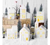 Fovths 37 Pieces Porcelain Christmas Village Sets 6 Lighted Ceramic Houses with Remote Control LED Tealights, 14 Trees, Fences, Street Lamps Winter Village Accessories for Xmas Tabletop Decor