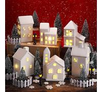 Fovths 39 Pieces Christmas Village Sets Porcelain Lighted LED Christmas Village Houses with Tree Xmas Figurines Desktop Ornament Winter Village Buildings Accessories for Christmas Holiday Party Decor