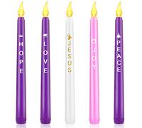 Fovths 5 Pack Christmas LED Advent Candles With Words Hope Peace Love Joy Jesus - Flameless Taper Candles for Celebration, Wreath Decor - Pink, Purple, White