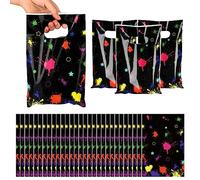 Fowecelt 100 Pack Neon Candy Goodie Bags, 7" x 10" Let's Glow in The Dark Reusable Plastic Colorful Treat Bags with Die Cut Handles for Kids Birthday Baby Shower Party Decoration