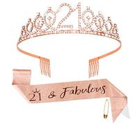 Fowecelt 21st Birthday Tiara and Sash - Rose Gold Crystal Tiara and Sash for Women, Rhinestone Crown Kit for 21st Birthday Gifts